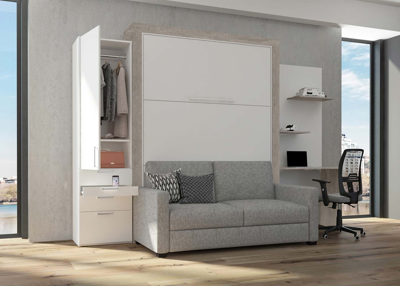 White Dubaï Murphy Bed with Sofa & Desk - LA PLACE